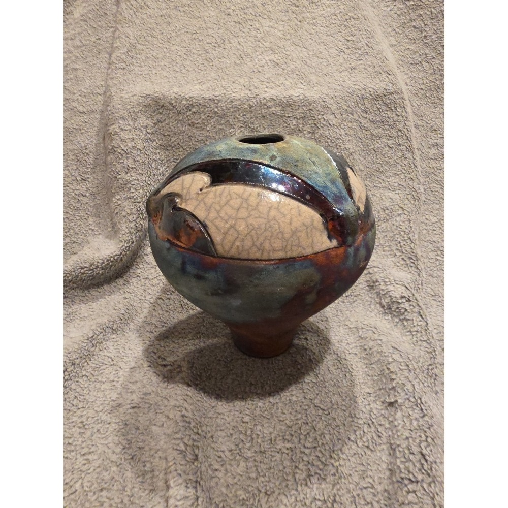 Raku Vase Copper And White Crackle Glaze Signed‎ Tony Heslop